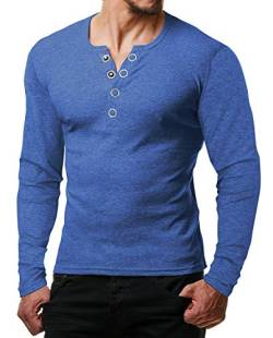 ReRock by Young & Rich Herren Longsleeve Langarm T-Shirt Knopfleiste V Ausschnitt - Henley Shirt Slim fit mit Großen Knöpfen - Serafino Shirt - Blau Melange Größe L von ReRock