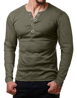 ReRock by Young & Rich Herren Longsleeve Langarm T-Shirt Knopfleiste V Ausschnitt - Henley Shirt Slim fit mit Großen Knöpfen - Serafino Shirt - Olivegrün Größe L von ReRock