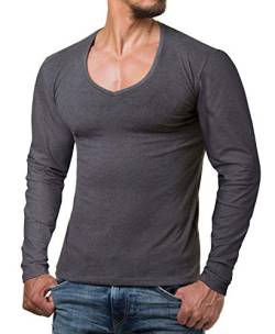 ReRock by Young & Rich Herren Longsleeve mit tiefem V Ausschnitt - Langarm Shirt V einfarbig Slim fit - Uni Basic Langarmshirt V Neck Shirt Stretch - Anthrazit Größe S von ReRock