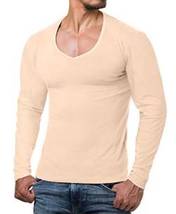 ReRock by Young & Rich Herren Longsleeve mit tiefem V Ausschnitt - Langarm Shirt V einfarbig Slim fit - Uni Basic Langarmshirt V Neck Shirt Stretch -Beige Größe XXL von ReRock