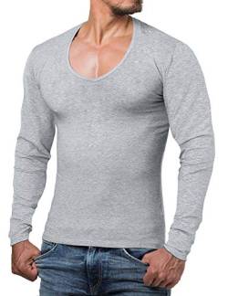 ReRock by Young & Rich Herren Longsleeve mit tiefem V Ausschnitt - Langarm Shirt V einfarbig Slim fit - Uni Basic Langarmshirt V Neck Shirt Stretch - Garu Melange Größe L von ReRock