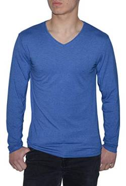 Young & Rich Herren Longsleeve 10 Farben V-Ausschnitt - Langarm Shirt einfarbig Slim fit - Uni Basic V-Neck Shirt Stretch - Blau Melange Größe L von ReRock