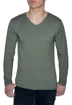 Young & Rich Herren Longsleeve 10 Farben V-Ausschnitt - Langarm Shirt einfarbig Slim fit - Uni Basic V-Neck Shirt Stretch - Olivgrün Größe XL von ReRock