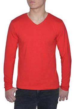 Young & Rich Herren Longsleeve 10 Farben V-Ausschnitt - Langarm Shirt einfarbig Slim fit - Uni Basic V-Neck Shirt Stretch - Rot Größe 2XL von ReRock