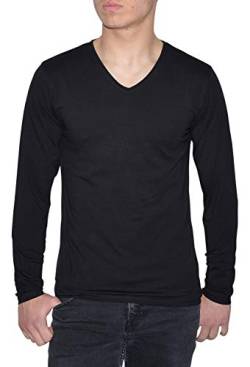 Young & Rich Herren Longsleeve 10 Farben V-Ausschnitt - Langarm Shirt einfarbig Slim fit - Uni Basic V-Neck Shirt Stretch - Schwarz Größe S von ReRock