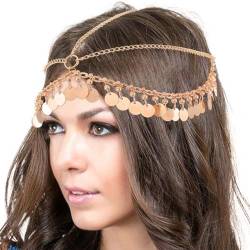 Reaky Kopfkette mit Pailletten,Braut-Kopfschmuck,Boho-Quasten Stirnband,goldenes Haarband,Festival-Haarschmuck für Damen von Reaky