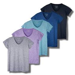 5er-Pack Damen Kurzarm V-Ausschnitt Activewear T-Shirt Dry-Fit Feuchtigkeitstransport Perfomance Yoga Top (erhältlich in Übergröße), Set 1, Groß von Real Essentials