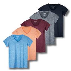 5er-Pack Damen Kurzarm V-Ausschnitt Activewear T-Shirt Dry-Fit Feuchtigkeitstransport Perfomance Yoga Top (erhältlich in Übergröße), Set 2, X-Groß von Real Essentials