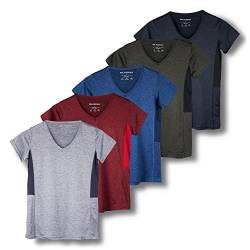 5er-Pack Damen Kurzarm V-Ausschnitt Activewear T-Shirt Dry-Fit Feuchtigkeitstransport Perfomance Yoga Top (erhältlich in Übergröße), Set 3, M von Real Essentials