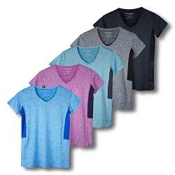 5er-Pack Damen Kurzarm V-Ausschnitt Activewear T-Shirt Dry-Fit Feuchtigkeitstransport Perfomance Yoga Top (erhältlich in Übergröße), Set 4, M von Real Essentials