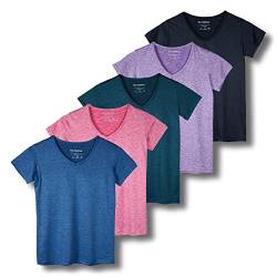 5er-Pack Damen Kurzarm V-Ausschnitt Activewear T-Shirt Dry-Fit Feuchtigkeitstransport Perfomance Yoga Top (erhältlich in Übergröße), Set 7, Mittel von Real Essentials