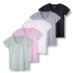 5er-Pack Damen Kurzarm V-Ausschnitt Activewear T-Shirt Dry-Fit Feuchtigkeitstransport Perfomance Yoga Top (erhältlich in Übergröße), Set 9, XX-Large von Real Essentials