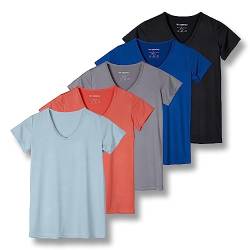 5er-Pack Damen-T-Shirt, kurzärmelig, V-Ausschnitt, Activewear-T-Shirt, Dry-Fit, feuchtigkeitsableitend, Perfomance, Yoga-Top (in Übergröße erhältlich), Set 10, M von Real Essentials