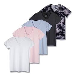 5er-Pack Damen-T-Shirt, kurzärmelig, V-Ausschnitt, Activewear-T-Shirt, Dry-Fit, feuchtigkeitsableitend, Perfomance, Yoga-Top (in Übergröße erhältlich), Set 16, 3X von Real Essentials