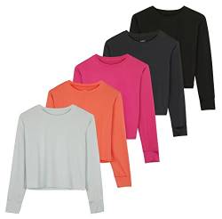 5er-Pack: Damen Dry Fit Crop Top – Langarm Rundhals Stretch Athletic Tee (erhältlich in Übergröße), Set 7, Mittel von Real Essentials