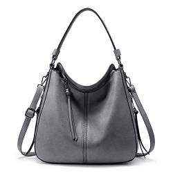 Realer Handtasche Damen Shopper Tasche Tote Leder Umhängetasche Groß Schultertasche Frau Elegant Henkeltasche mit Quasten Abnehmbar Schulterriemen Hellgrau von Realer