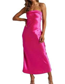 Realtix Satin Seide Backless Tube Tops Maxi Kleid für Frauen Low Back Hollow Out Elegant Trägerlos Lange Kleider Hochzeitsgast, hot pink, Klein von Realtix