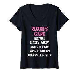 Damen Lustige Schallplattenkauffrau, weibliche Aktenschreiberin T-Shirt mit V-Ausschnitt von Records Clerk Apparel