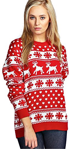 Red Olives® Damen Weihnachtspullover Double Twin Rudolph Neuheit Xmas Sweater Top UK 8-26 Gr. 34-36, Schneeflocken rot von Red Olives