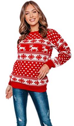Unisex Damen Herren Kinder Weihnachtspullover Rentier Schneeflocken Strick Xmas Lang Pullover Top, rot, 48/54 von Red Olives