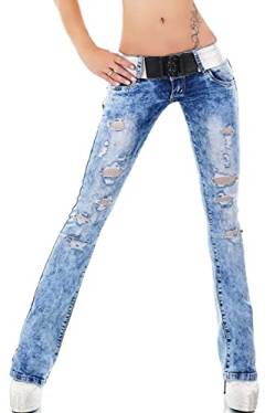 Red Seventy Damen Stretch-Denim-Jeans, Skinny, Bootcut, Blau, verblasst mit Gürtel, Größe 34-42, Blau T3077, 36 von Red Seventy