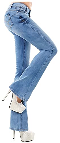 Red Seventy Damen Stretch-Denim-Jeans, Skinny, Bootcut, Blau, verblasst mit Gürtel, Größe 34-42, Blau W355, 38 von Red Seventy