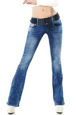Red Seventy Damen Stretch-Denim-Jeans, Skinny, Bootcut, Blau, verblasst mit Gürtel, Größe 34-42, Blau Wt362, 34 von Red Seventy