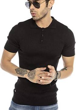 Herren T-Shirt Polo Shirt Casual Vintage Retro Style Kurzarm Strick Gerippt Schwarz XL von Redbridge