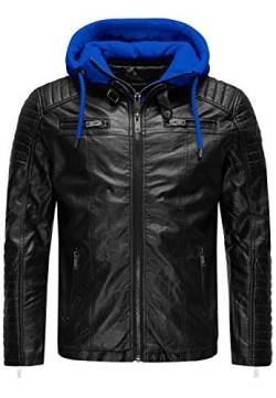 Lederjacke mit Abnehmbarer Kapuze Bikerjacke Herren Kunstleder Schwarz-Blau S von Redbridge