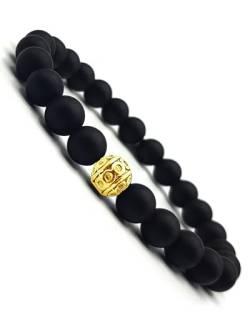 RedfoxX Armband Herren Gold Schwarze Perlen Made in Germany Onyx Perlenarmband Matt 20,5 cm Geschenk für Herren Herrenarmband Schwarz Naturstein Universal Armbänder für Herren von RedfoxX