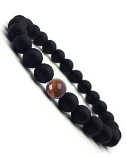 RedfoxX Armband Herren Tigerauge Schwarz Perlen Made in Germany Onyx Perlenarmband Matt 20,5 cm Geschenk für Herren Herrenarmband Schwarz Naturstein Universal Armbänder für Herren von RedfoxX