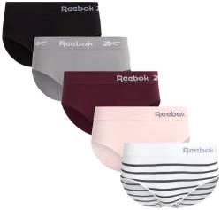 Reebok Damen Unterwäsche - Nahtlose Hipster Slips (5er Pack) Größe L, weiß gestreift/barely pink/fig/sharkskin/schwarz von Reebok