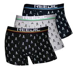 Reedic Herren Boxershorts Baumwolle mit Totenkopf-Motiv im 3er Pack, Größe XX-Large (2XL), Farbe je 1x grau, dunkelblau, schwarz von Reedic