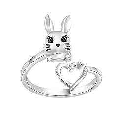 Reepetty Kaninchen-Liebesring Diamantverkrustete Öffnung Verstellbarer Cartoon- Damenring Jutebeutel Der Ringe (Silver-D, One Size) von Reepetty