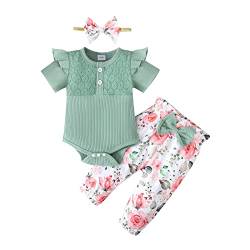 Baby Mädchen Kleidung Rüschen Kurzärmelig Gerippter Strampler Jumpsuit Blumenhose Stirnband Set von Refein