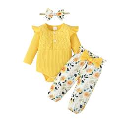 Baby Mädchen Kleidung Rüschen Langarm Gerippter Strampler Jumpsuit Blumenhose Stirnband Set 3-teilig von Refein