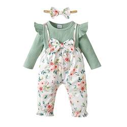 Baby Strampler Neugeborene Mädchen Kleidung Rüschen Langarm Onesie Floral Bowknot Jumpsuit Bodysuit Stirnband Outfit Set von Refein