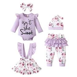 Kleinkind Baby Mädchen Kleid Kleidung Set Ruffle Sleeve Buchstaben Top Floral Suspender Rock Hose 5PCS Outfit von Refein