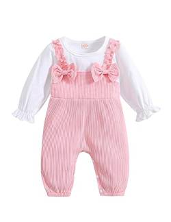 Neugeborenes Baby Mädchen Strampler Kleidung Rüschen Langarm Bodysuit Baumwolle gerippt Bow Jumpsuit Onesie Outfit Set von Refein