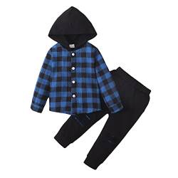 Refein Kleinkind Baby Jungen Kleidung Langarm Hoodie Sweatshirt Plaid Button Down Tops Sweatpants Outfit Set von Refein