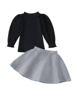 Refein Kleinkind Baby Mädchen Rock Set Stricken Puffärmel Rollkragen Top Shirt Plaid Flared Mini Röcke A-Linie Kleid Kleidung Set von Refein