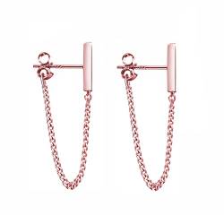 Reffeer Ohrstecker aus massivem 925er-Sterlingsilber, minimalistische Bar-Ohrringe mit Kette, baumelnde Ohrringe für Damen (6cm Chain-Rose Gold Plated) von Reffeer