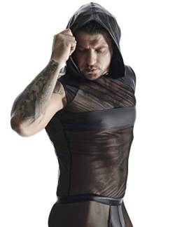 Herren Dessous Kapuzen Muskel Shirt transparent schwarz Wetlook Männer Hemd dehnbar mit Netzmaterial L von Regnes Fetish Planet