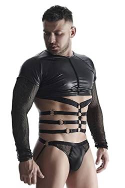 Herren Langarm-Shirt mit Harness in schwarz aus dehnbarem Netz und mattem Wetlook-Material L von Regnes Fetish Planet