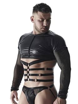 Herren Langarm-Shirt mit Harness in schwarz aus dehnbarem Netz und mattem Wetlook-Material S von Regnes Fetish Planet