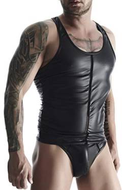 Herren Muscle Shirt schwarz aus Wetlook Material mit Netzeinsatz Muskel Träger Hemd dehnbar Blickdicht Gogo fetisch Männer L von Regnes Fetish Planet