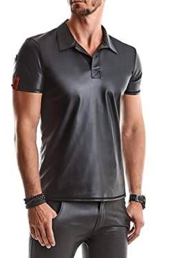 Herren T-Shirt schwarz aus Wetlook Material mit Stehkragen Männer Poloshirt Kurzarm Slim-Fit Form XL von Regnes Fetish Planet