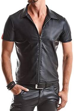 Herren T-Shirt schwarzes Wetlook Poloshirt mit Stehkragen und schwarzen Reißverschluss Slim-Fit Form XL von Regnes Fetish Planet