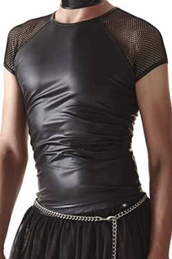 Herren Wetlook T-Shirt schwarz dehnbar Crossdresser Fetish Top mit Metallringen und kurzen Netz Ärmel L von Regnes Fetish Planet