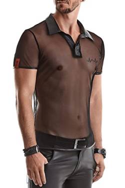 Transparentes Herren T-Shirt schwarz aus Mesh Material mit Wetlook Stehkragen Männer Poloshirt Kurzarm Slim-Fit Form M von Regnes Fetish Planet